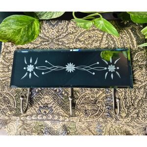 Vintage Beveled Etched Mirror Wall Hook Rack Floral Hollywood Regency Decor